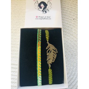 Gümüş tüy detaylı Yeşil miyuki şerit bilekliği ile ikili takım