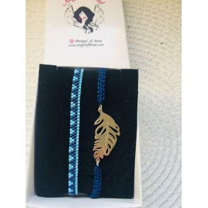 Gümüş tüy detaylı Mavi miyuki şerit bilekliği ile ikili takım