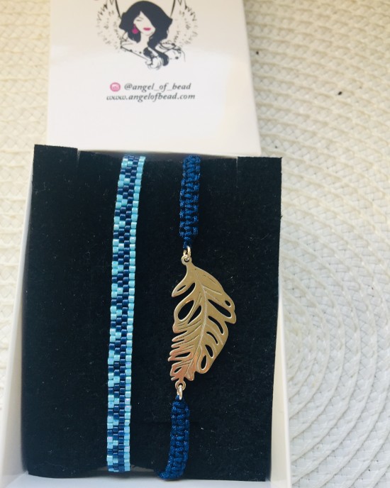 Gümüş tüy detaylı Mavi miyuki şerit bilekliği ile ikili takım