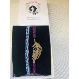 Gümüş tüy detaylı Fuşya miyuki şerit bilekliği ile ikili takım