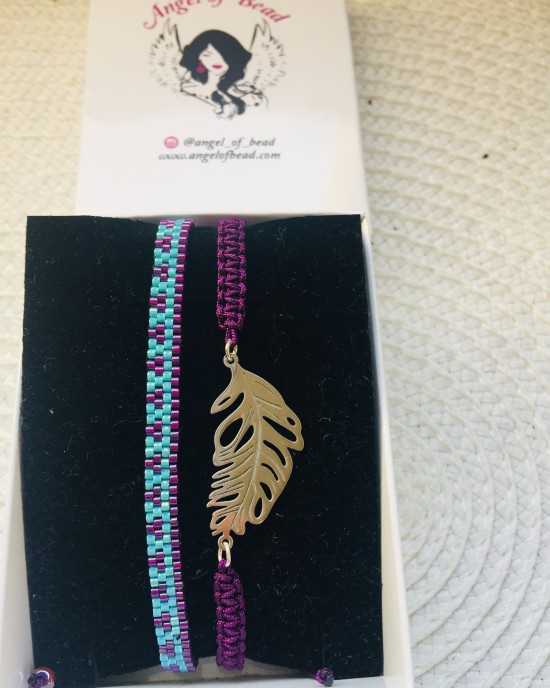 Gümüş tüy detaylı Fuşya miyuki şerit bilekliği ile ikili takım