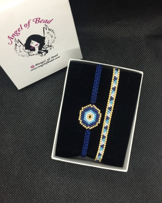 Miyuki lacivert altın rengi nazar bileklik ve şerit bileklik