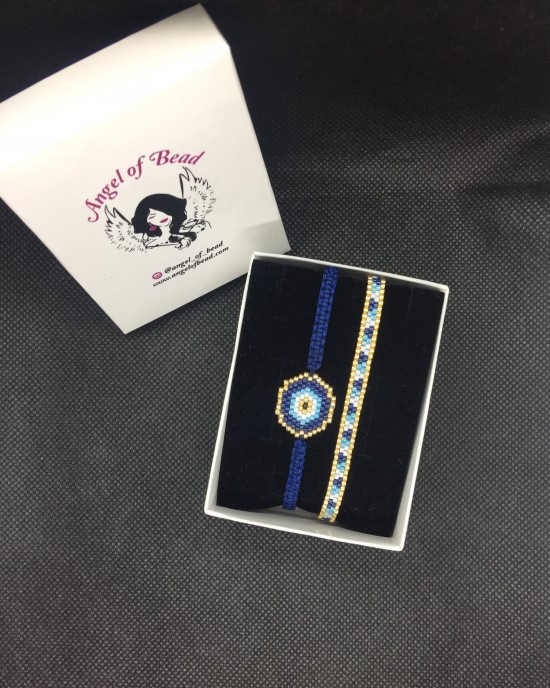 Miyuki lacivert altın rengi nazar bileklik ve şerit bileklik