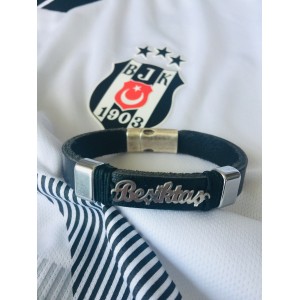 Gümüş Beşiktaş Yazılı Deri Bileklik Metalli Model