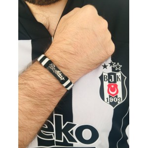 Gümüş Beşiktaş Yazılı Deri Bileklik Çubuklu Model
