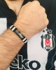 Gümüş Beşiktaş Yazılı Deri Bileklik Çubuklu Model