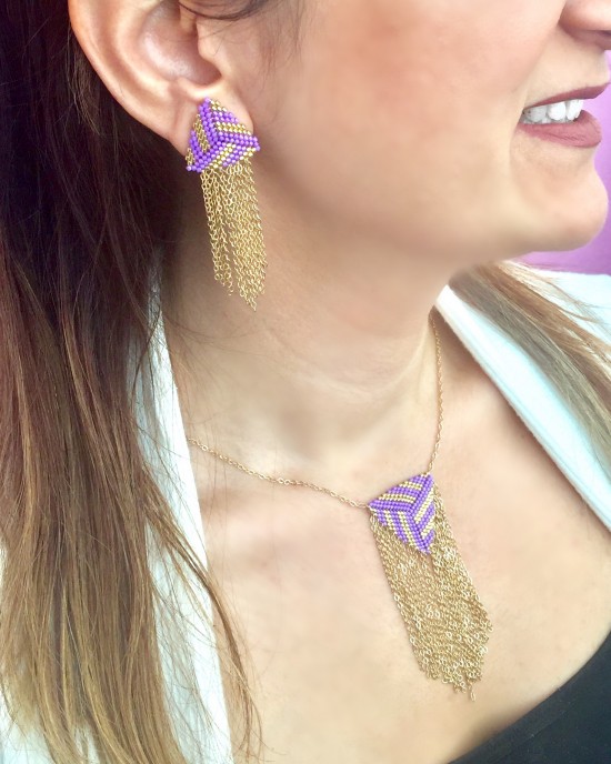 Zincirli Üçgen  Miyuki Küpe ve Kolye Set-Mor